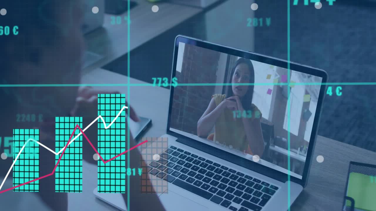 Woman starting laptop call for finance analysis, colleague gesturing behind rising bar charts