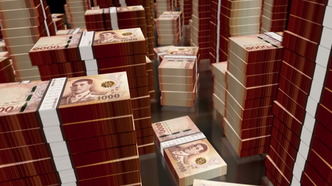 태국 바트 (thai baht) 에 대한 3d 비행: 은행권 패키지 루프 애니메이션
