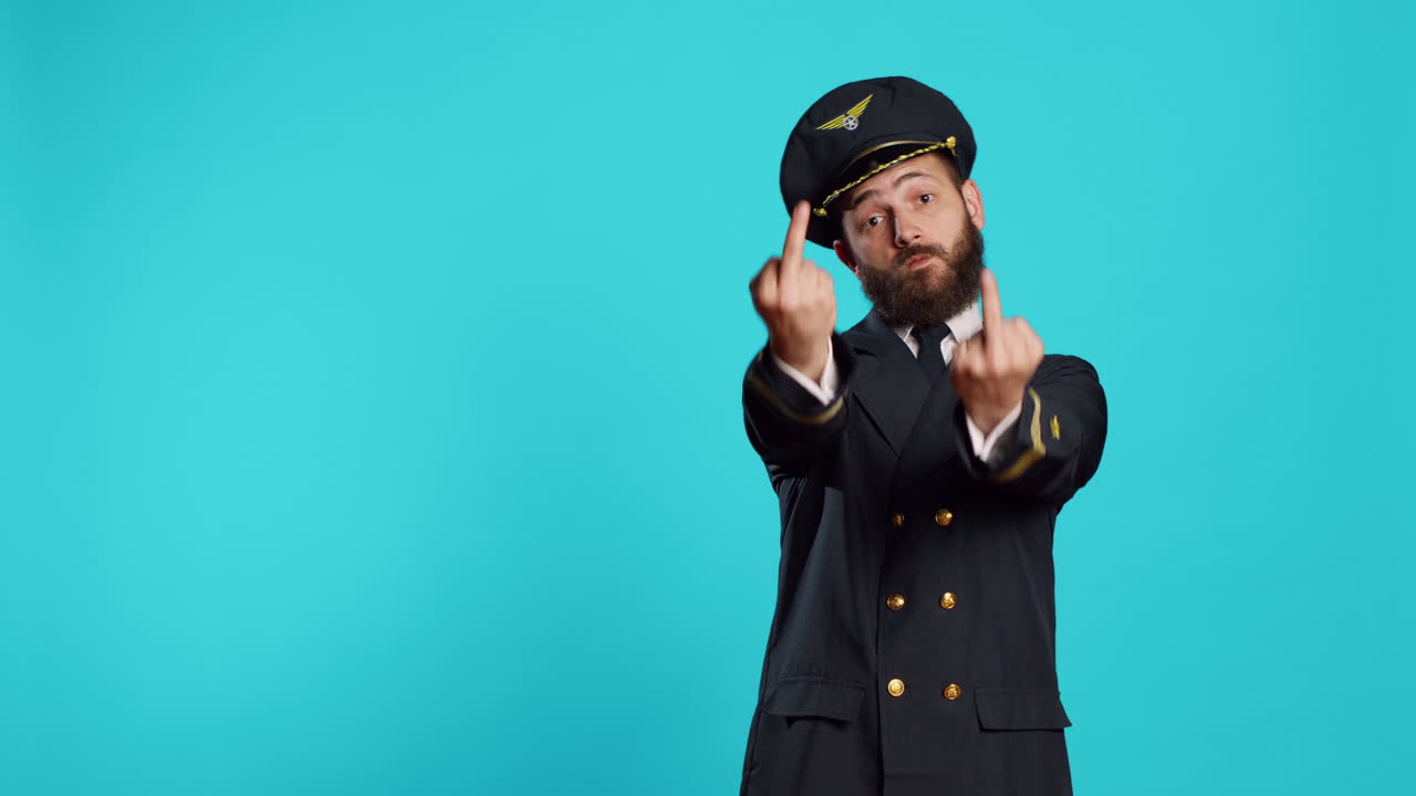 Caucasian airline captain showing middle fingers