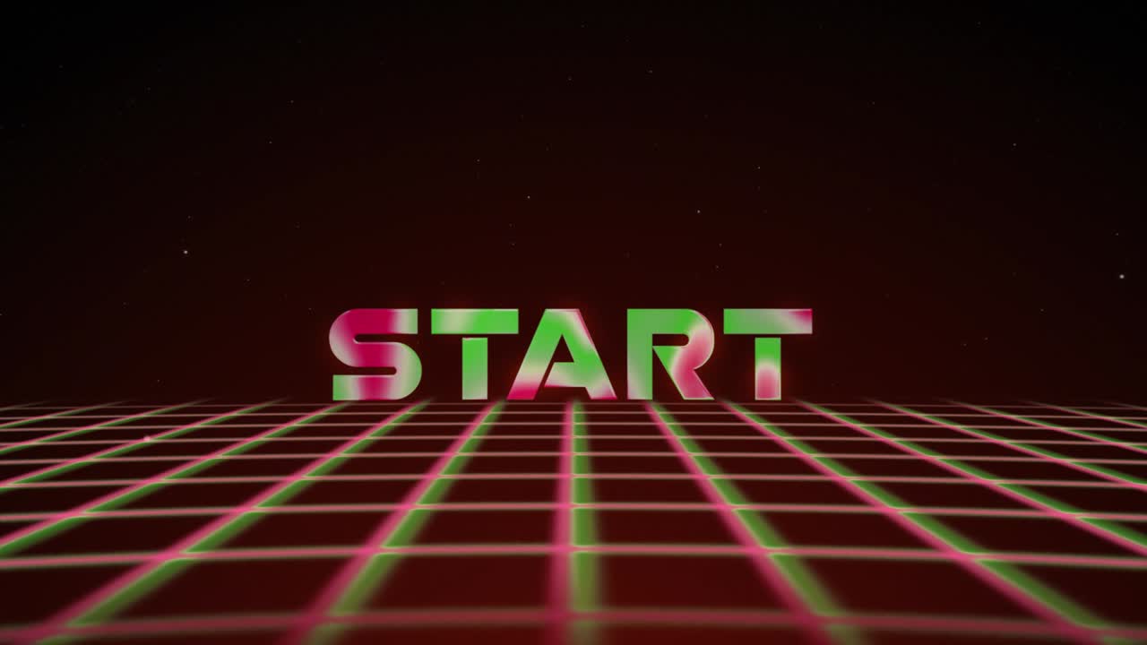 Synthwave wireframe net 80s with text START on red backgraund. Retro futurism background. 3d illustration render seamless loop. 4k