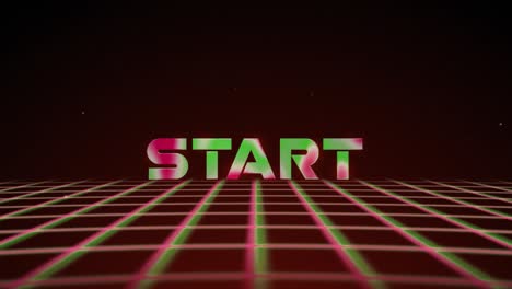 synthwave wireframe net 80s with text start on red backgraund. retro futurism background. 3d illustration render seamless loop. 4k