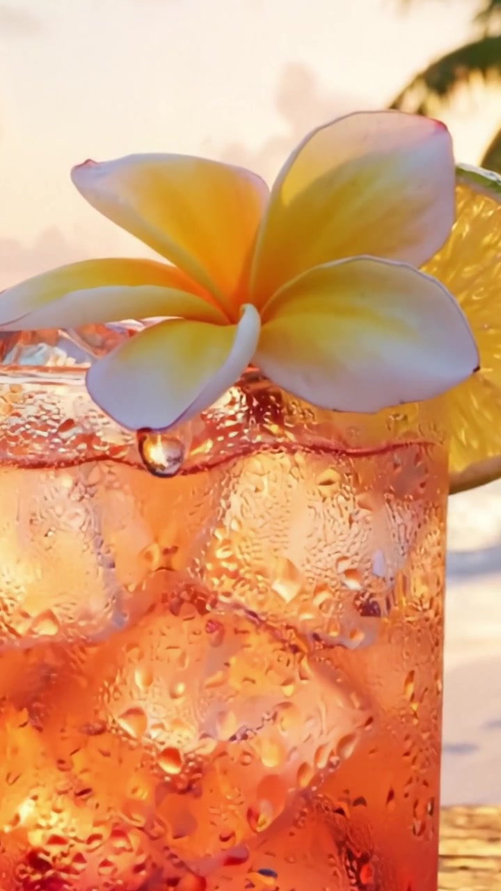 A Refreshing Tropical Drink with Ice and a Beautiful Flower Garnish, Perfect for Summertime Relaxation and Enjoying Sunny Beach Vibes Near the Ocean