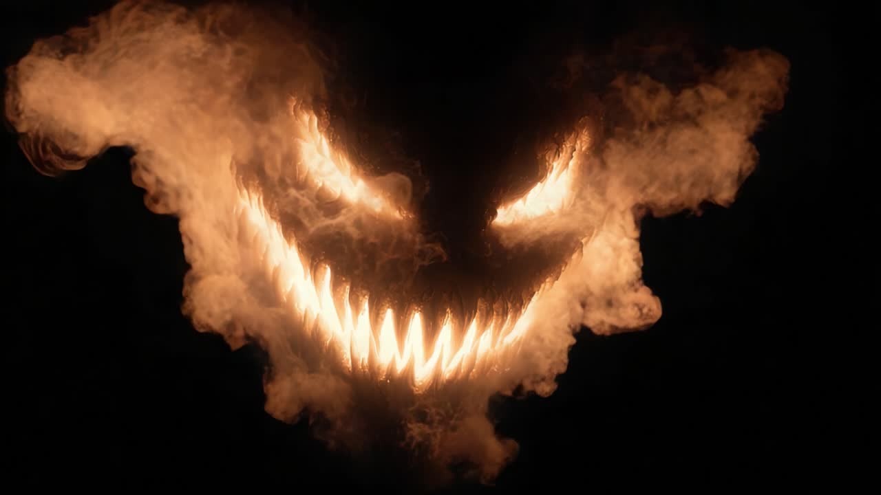 A Haunting and Sinister Smoky Face Emanating Menacing Glow Amidst Dark Background, Capturing the Essence of Fear and Mystery in an Unforgettable Visual Display