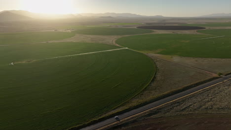 Toma-Aérea-De-Un-Automóvil-Conduciendo-Por-Un-Camino-De-Tierra-En-Pivotes-Cercanos-Con-Crecimiento-De-Granjas-Verdes-En-Willcox,-Arizona,-Toma-De-Un-Dron-De-ángulo-Amplio-Con-Montañas-En-El-Fondo