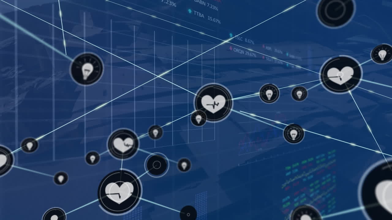 디지털 아이콘 네트워크의 애니메이션 및 주식 시장 데이터 처리가 쓰레기 창고에 대항합니다.