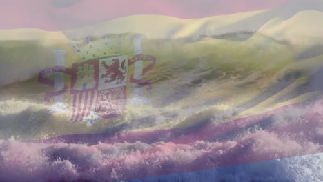 Animation-Der-Flagge-Spaniens,-Die-über-Der-Strandlandschaft-Weht