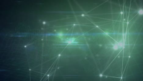 Animation-of-networks-of-connections-over-glowing-green-background