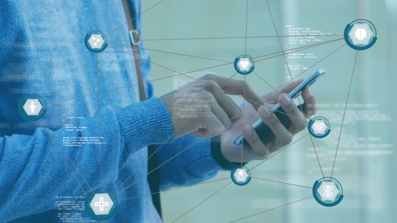 스마트폰을 사용하는 사람에 대한 연결 아이콘과 데이터 처리의 웹