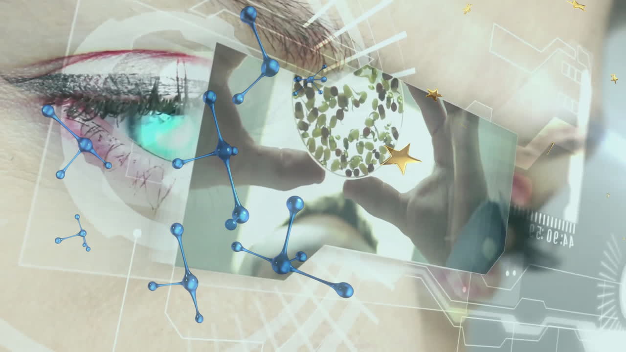 Animation of eye with digital elements and molecular structures in scientific scene