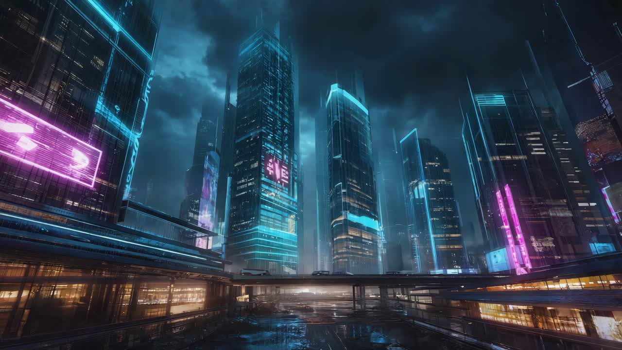 Futuristico paesaggio cittadino cyberpunk con luci al neon