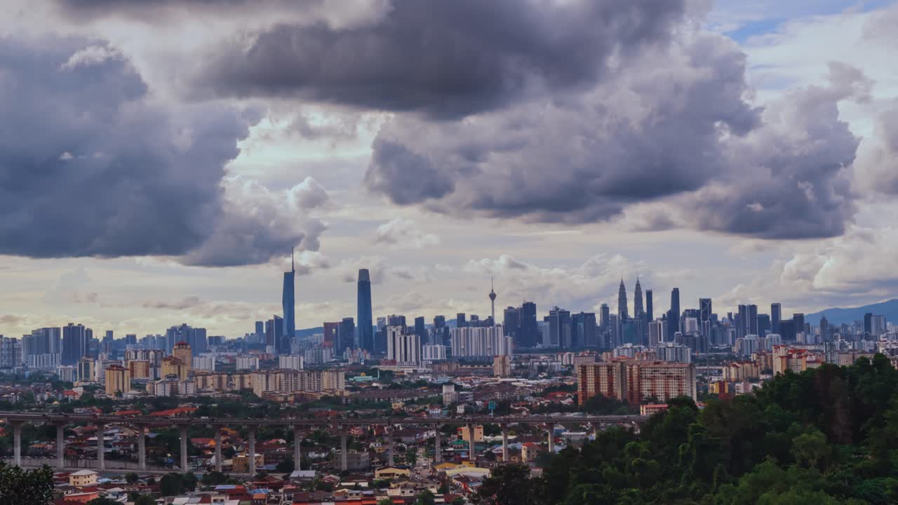 Zoom in Panorama of Kuala Lumpur Cityscape at day with dramatic clouds