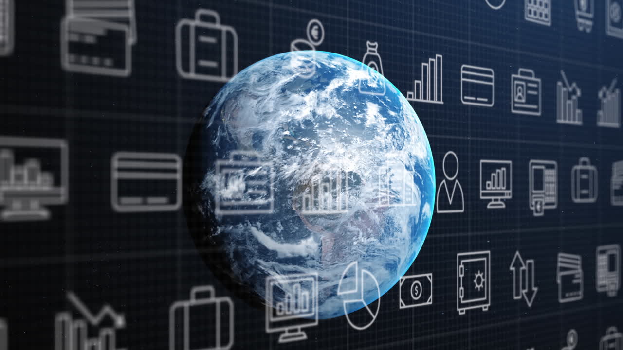 파란색 배경의 지구에 대한 그리드 네트워크를 통해 여러 디지털 아이콘의 애니메이션