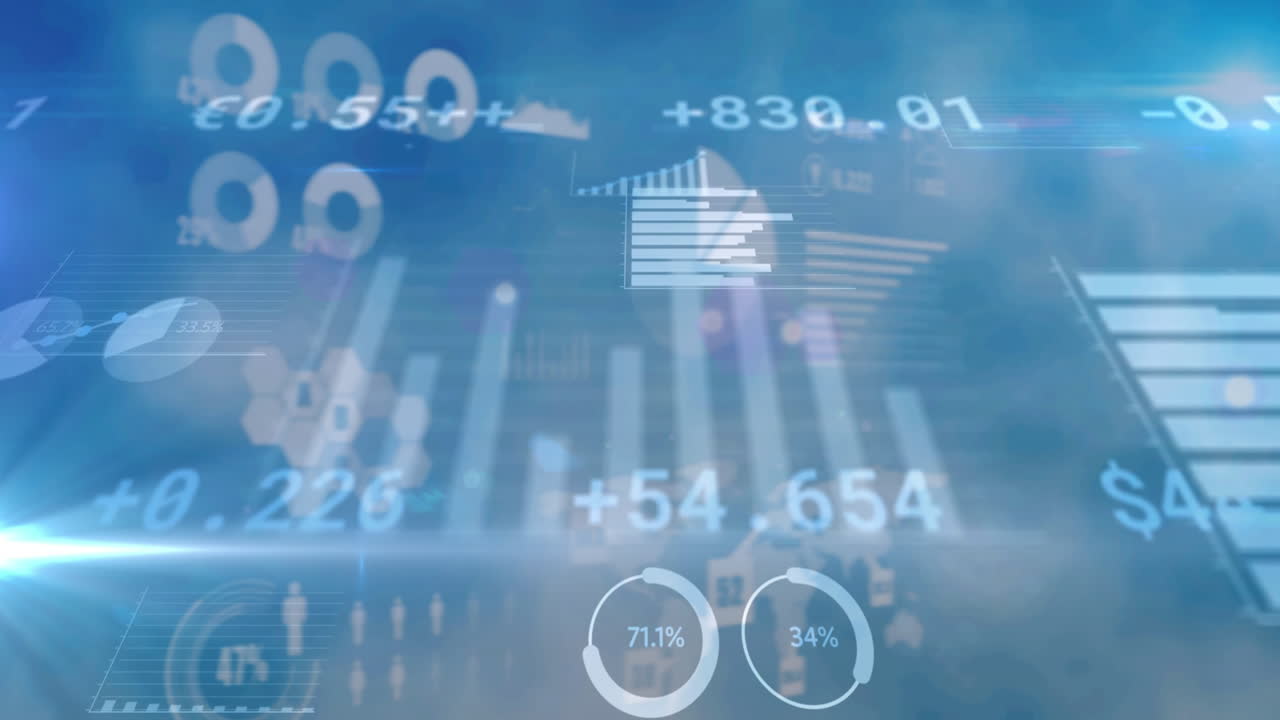 Animation of data processing and numbers changing over glowing blue background
