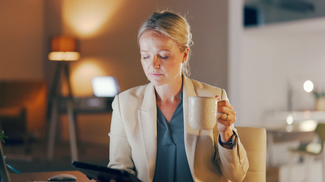 Woman, tablet and drinking coffee with research