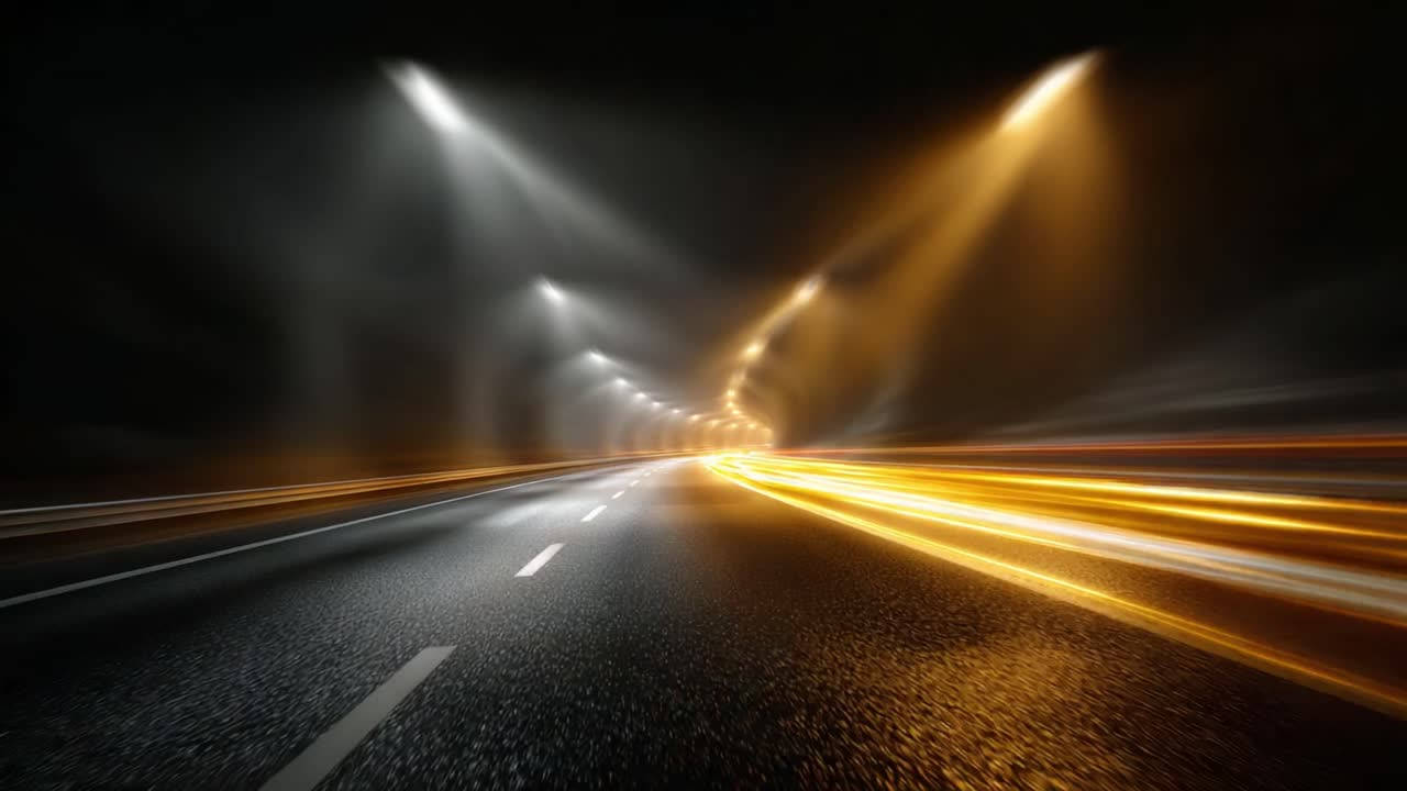 A Dynamic Journey Through a Mysterious Tunnel with Unseen Lights and Fading Shadows of Speed, Emphasizing the Beauty of Motion and Darkness