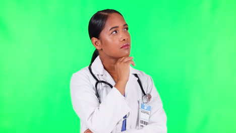 Doctor,-woman-thinking-and-green-screen