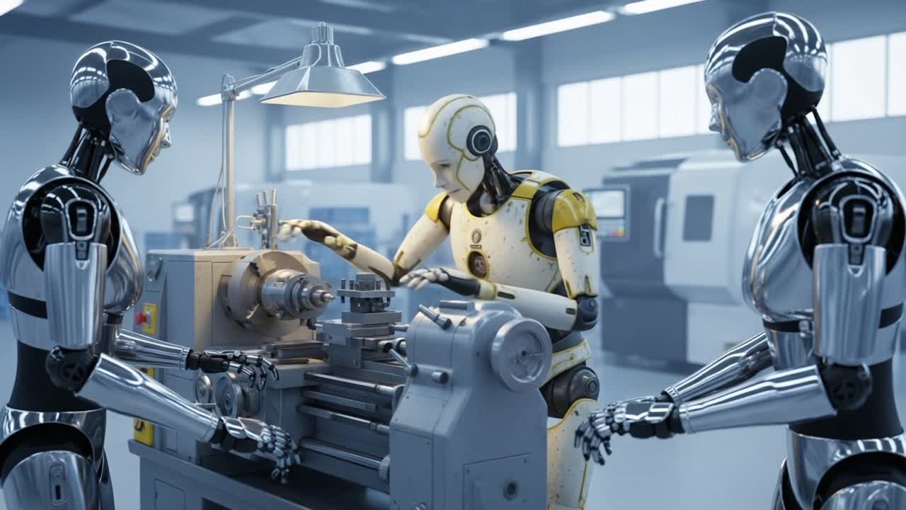 Futuristic Robots Collaborate in Precision Machining Process at a High-Tech Manufacturing Facility, Showcasing Advanced Engineering and Automation Technologies