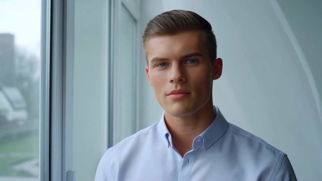 Giovane uomo alla finestra con sguardo contemplativo, interno ufficio con facciata in vetro, luce naturale soffusa, primo piano.
