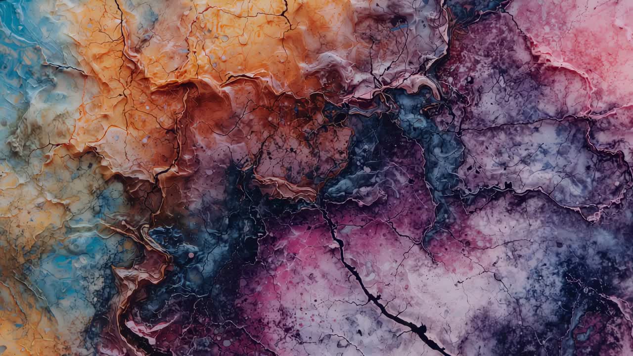 Panning camera revealing textured abstract painting in art studio, showing blue orange purple pink