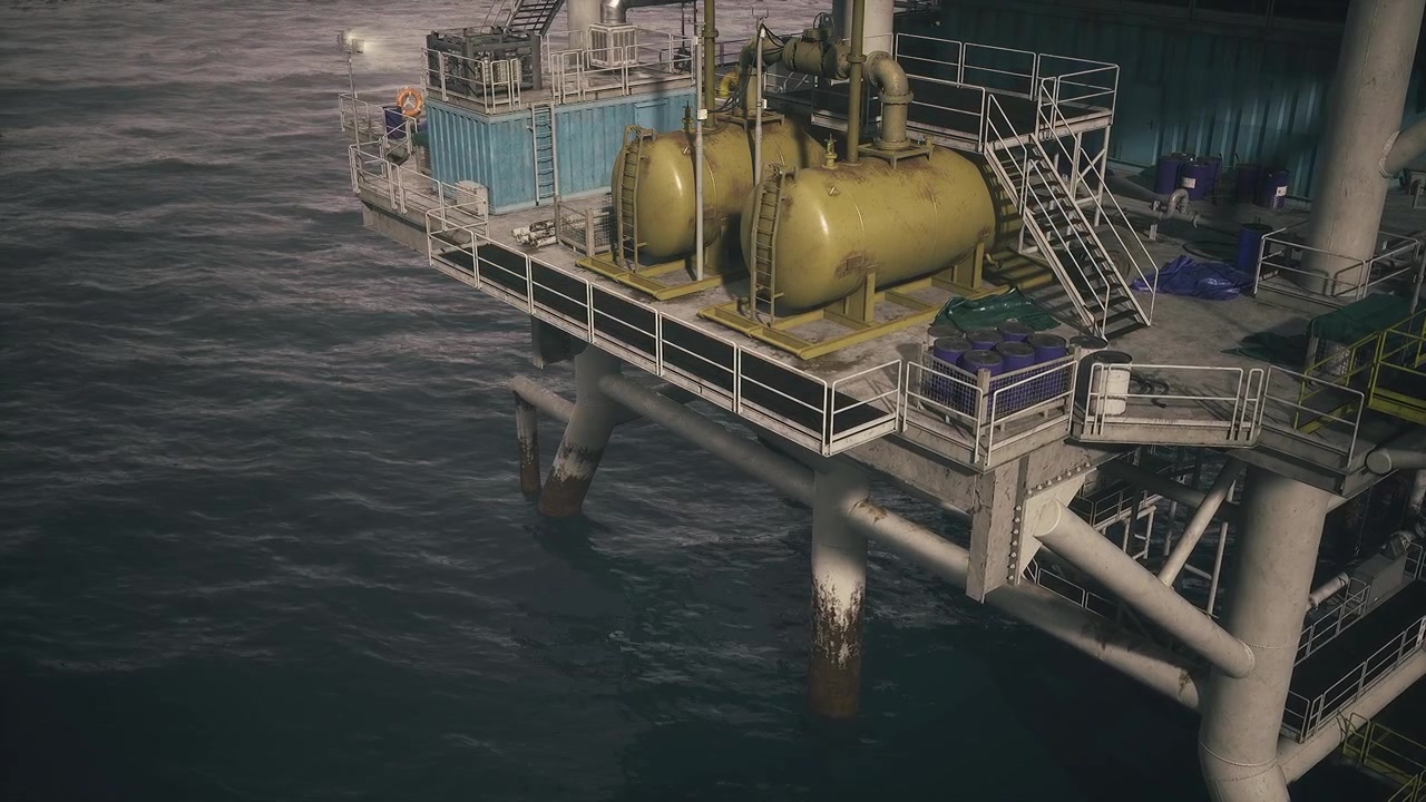 Offshore olieplatform med rørføring og robuste stålbroer.