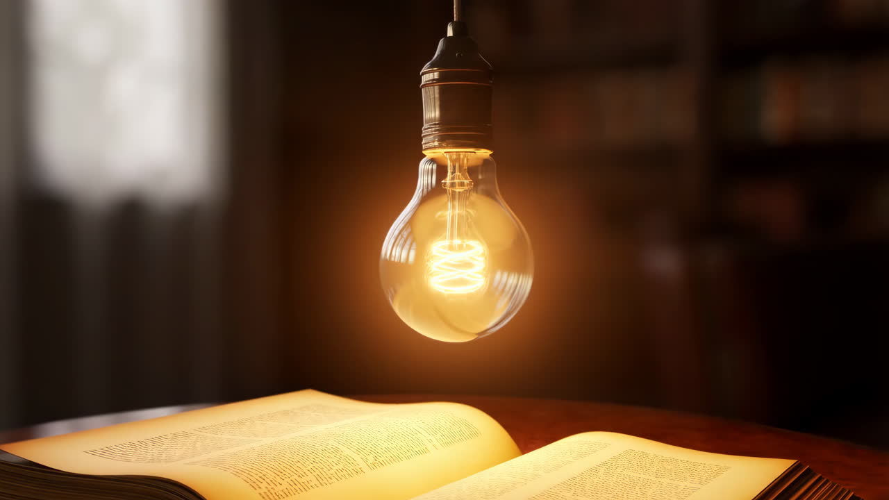 The Illumination of Knowledge: A Light Bulb and an Open Book in a Library