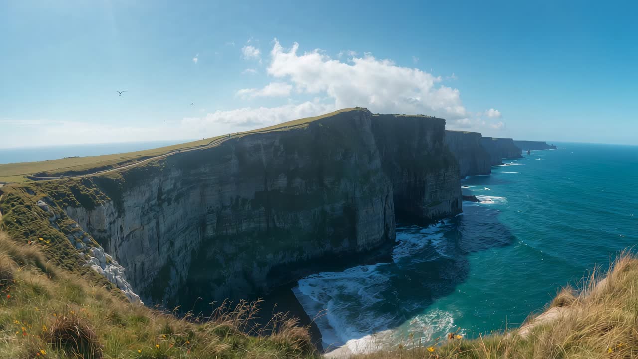 Starting camera panning, tall sea cliff revealing receding coast at cliff edge, with crashing waves