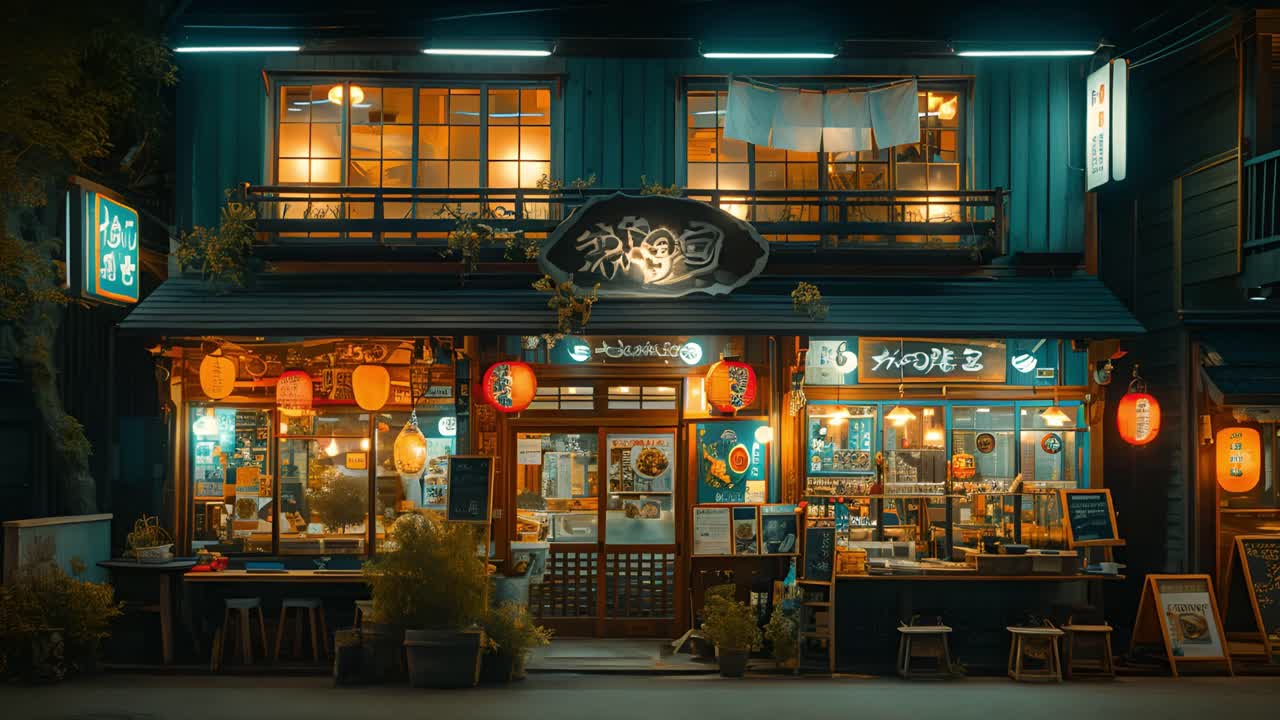 Traditional Japanese Restaurant Illuminated at Night