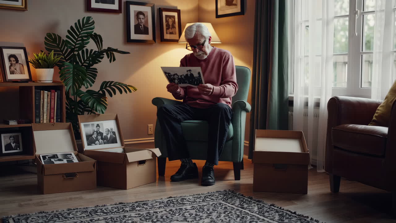 Elderly Man Looking Through Old Photographs