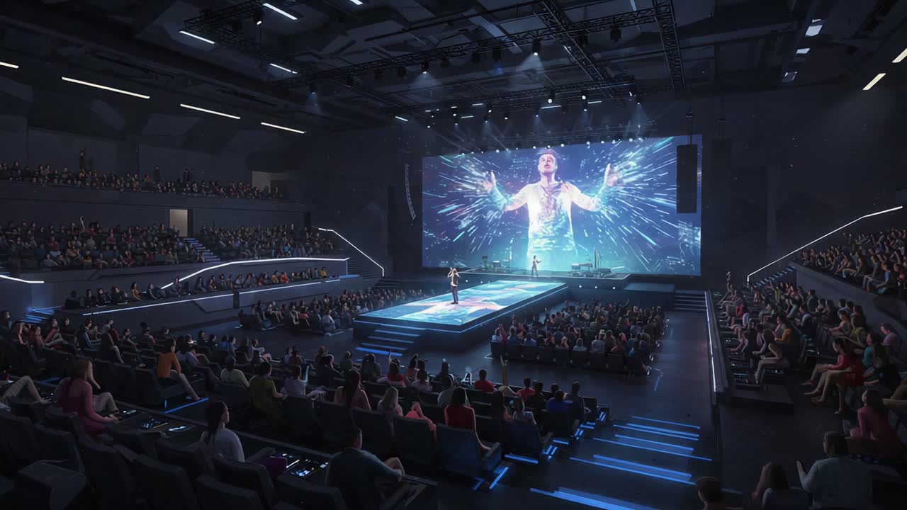 A Spectacular Live Performance in a Modern Auditorium Featuring a Dazzling Visual Display and Captivating Stage Presence Surrounded by an Engaged Audience