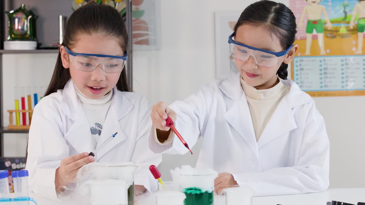 明るい教室で白衣を着たアジア系の生徒たちがスポイトを使い化学実験を行っている。