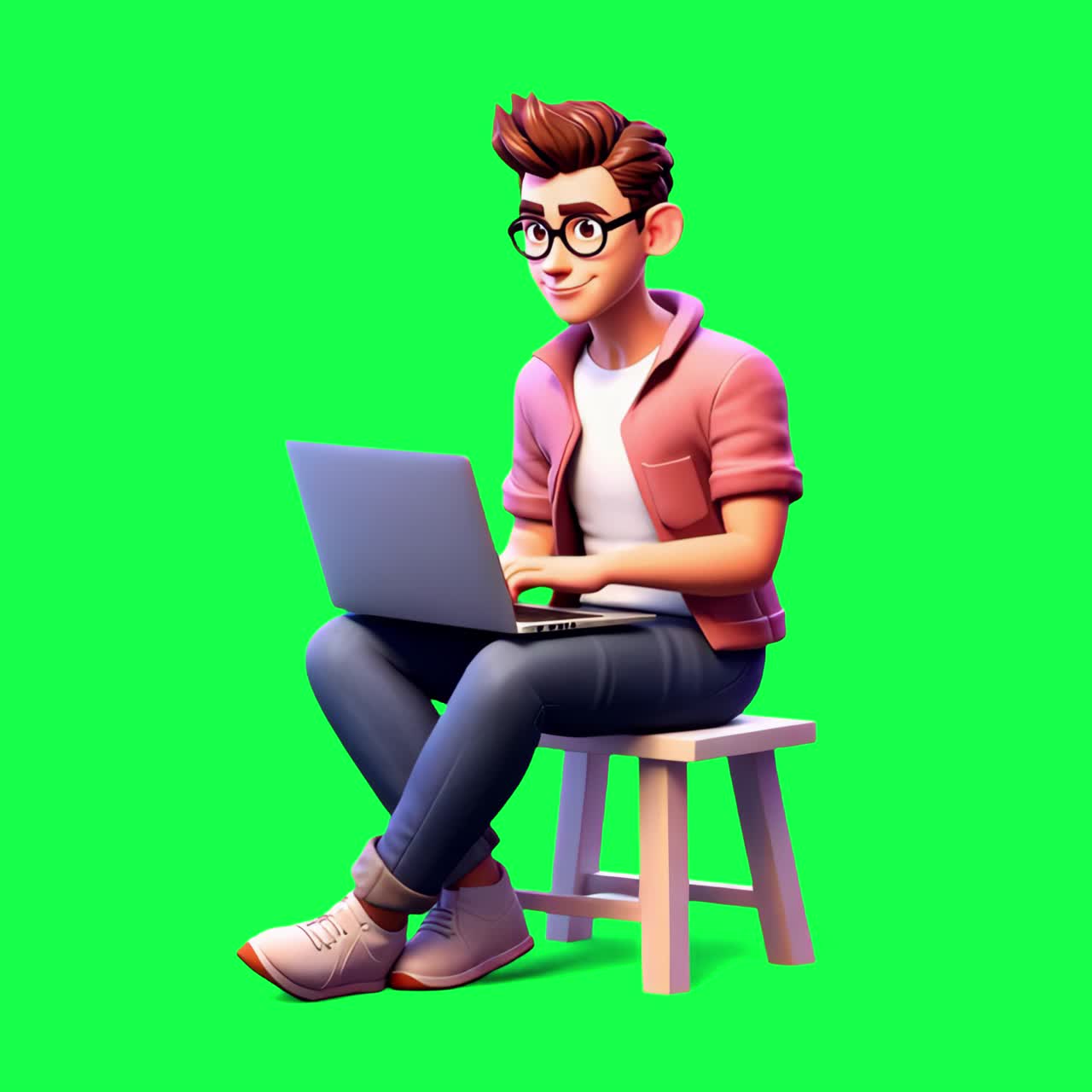 Animated person using laptop animation, transparent 4K video, green screen