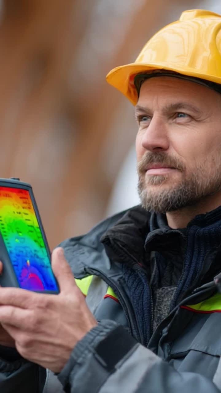 Un operaio edile con un casco di sicurezza esamina un dispositivo di imaging termico, sottolineando l'importanza della tecnologia nelle costruzioni moderne e nel controllo degli edifici