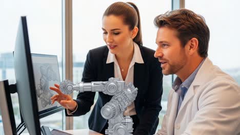 collaboration between human and robot: engaging discussion on advanced automation technology in a modern office environment with high-tech innovations
