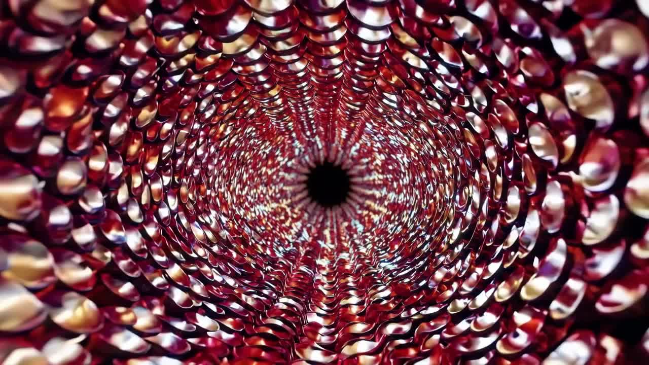 Spiral motion sequence showcasing vibrant metallic textures and colors, illustrating the dynamic flow and depth of a mesmerizing tunnel-like structure with captivating visual patterns