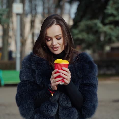 positive young woman in the park. attractive girl in stylish fur coat holds plastic cup of coffee and posing on camera outdoors. slow motion.