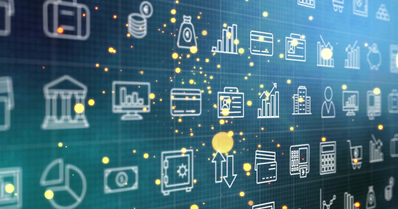 Financial icon grid shifting while camera panning, glowing particles and discs emphasizing charts