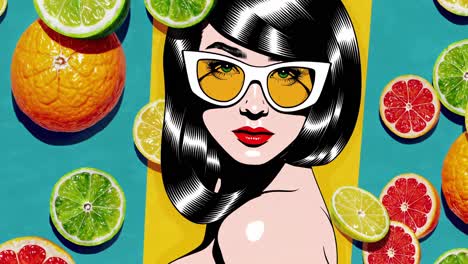 mujer con cítricos en estilo pop art