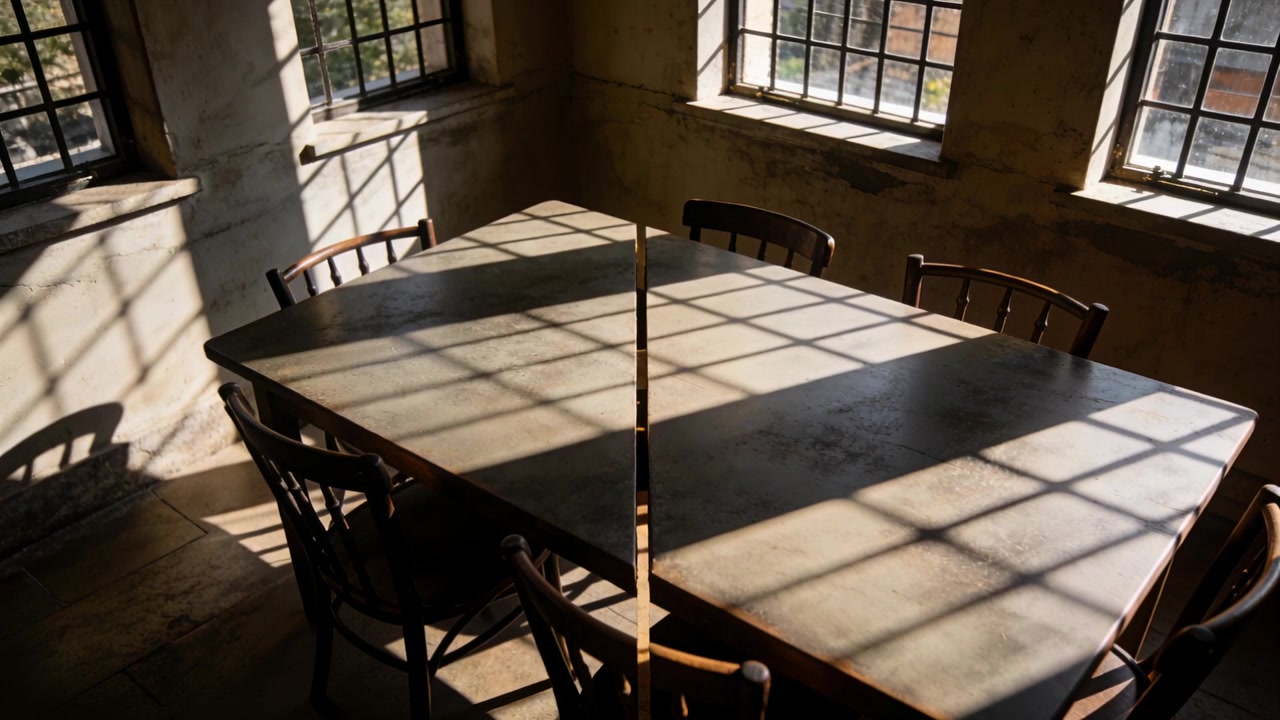 Moving camera showing wood table in sunlit corner, revealing worn top and window-grid shadows