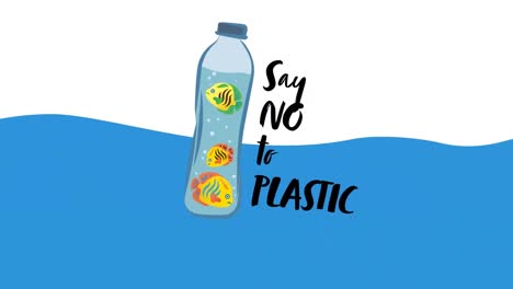 Animation of bottle with fish floating in sea nd say no to plastic writing