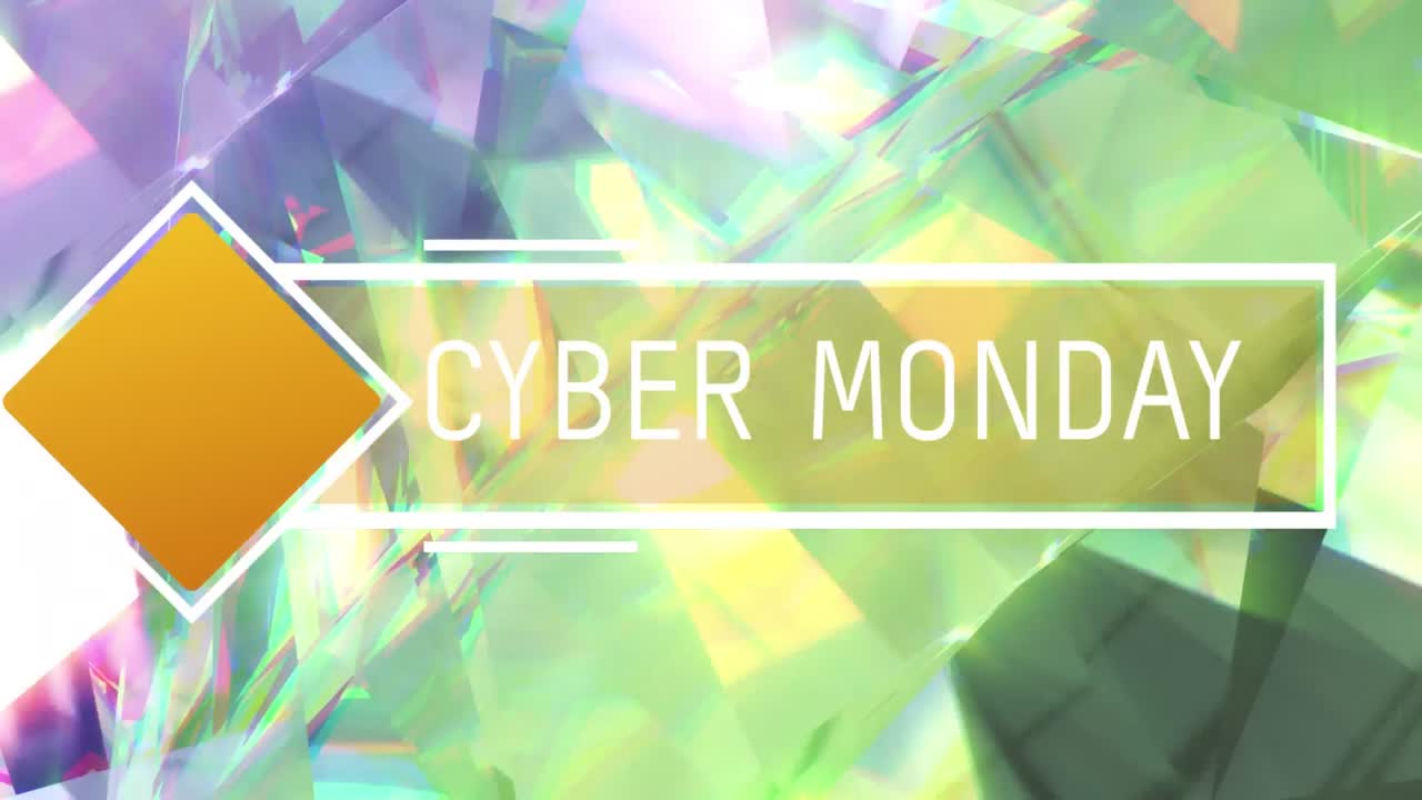 animación de rombo y texto de cyber monday en rectángulo contra un fondo abstracto