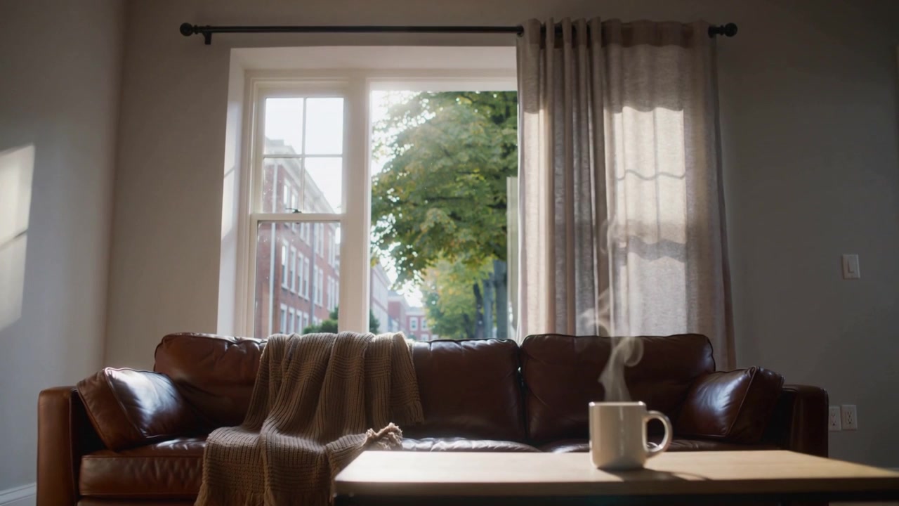 Opening curtain revealing urban street, leather sofa with throw catching sunlight and mug steaming