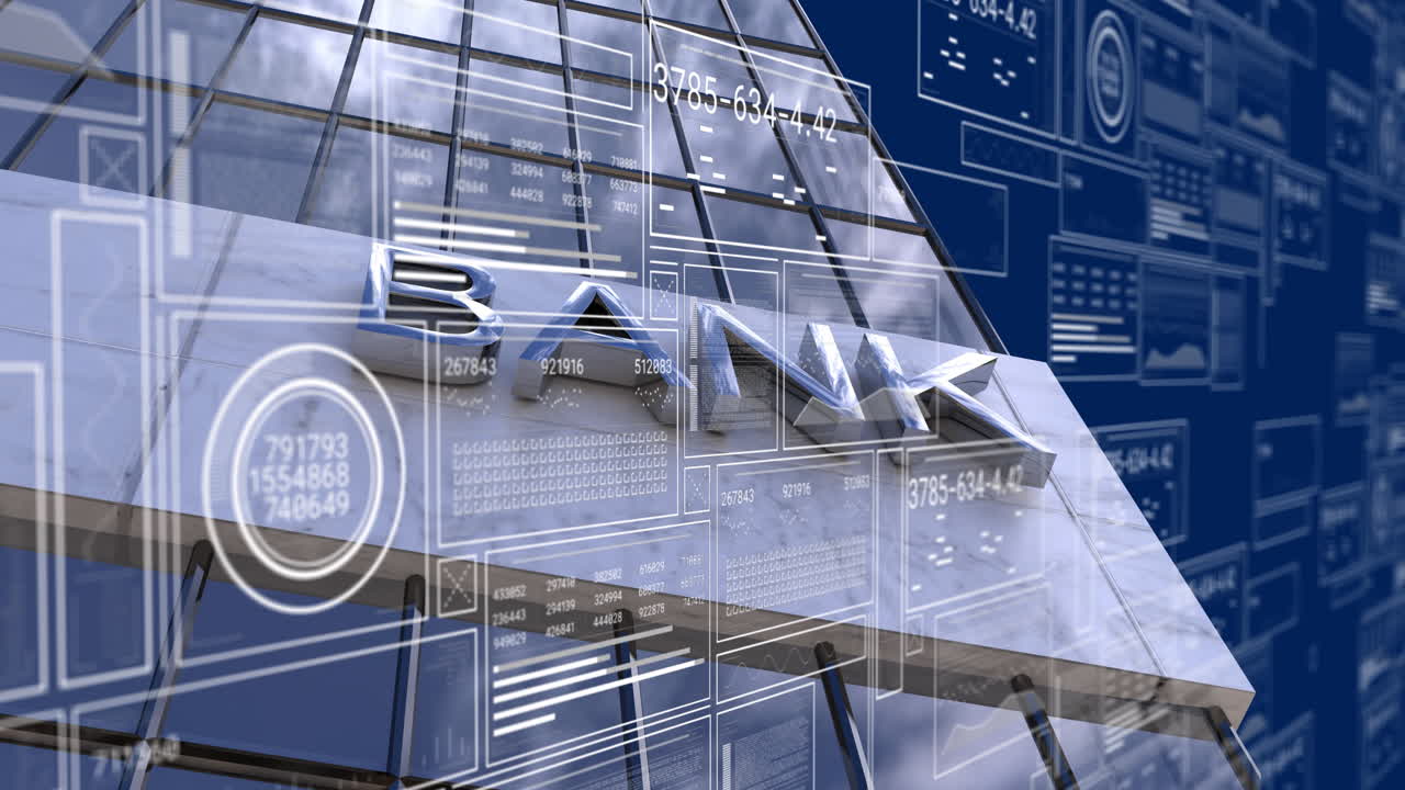 анимация обработки данных над зданием банковского офиса