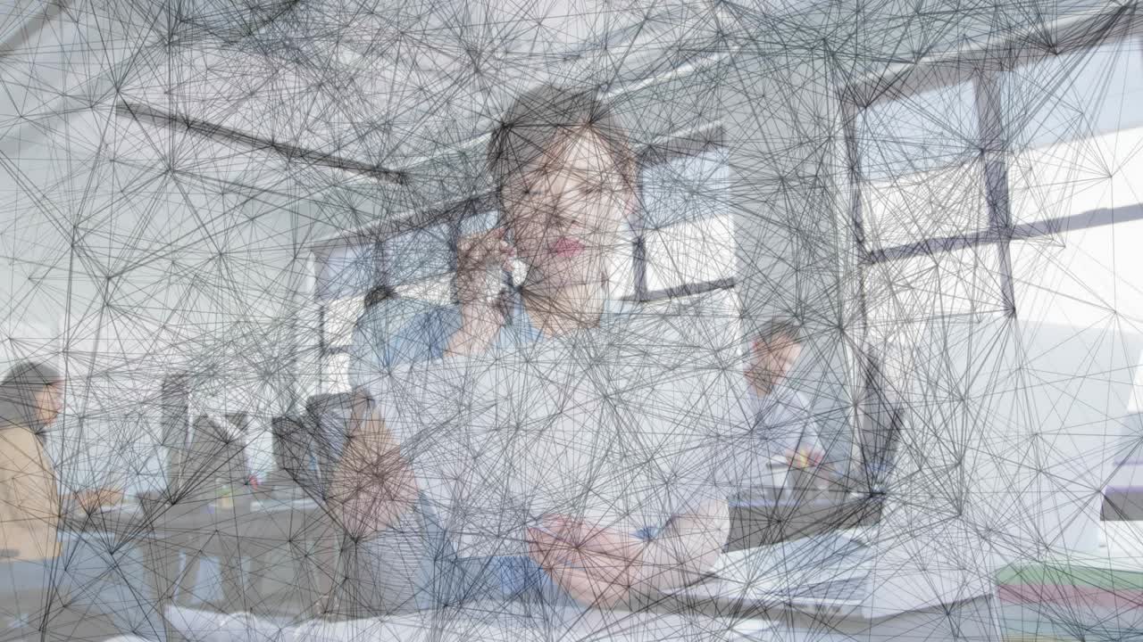 Businesswoman on phone reading papers, teal overlay shifting to cloud framing laptop aligning plans
