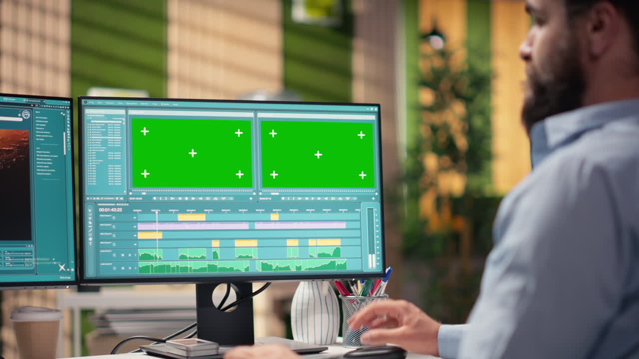 Man Editing Video Footage with Green Screen on Dual Monitors in Office