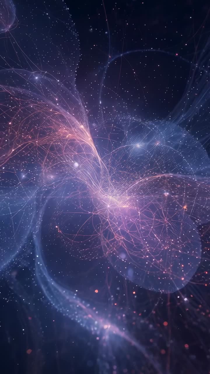 Video verticale: Nexus luminoso che invia scintille lungo i filamenti nello spazio profondo, formando aureole