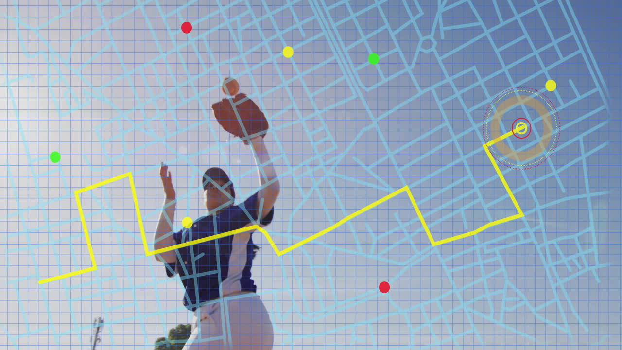 Baseball player catching ball with animation of map and data points overlay