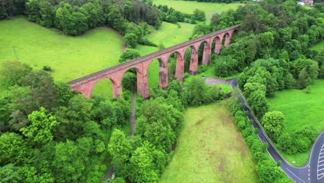 Bridge,-Aerial-shot-of-Himbaechel-Viadukt-in-Odenwald,-Germany