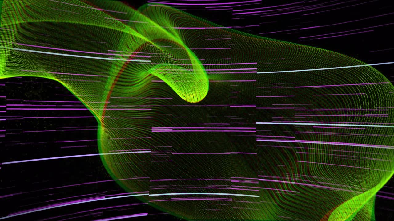 Neon-green ribbon emerging and undulating diagonally, purple streaks sweeping, showing energy flow