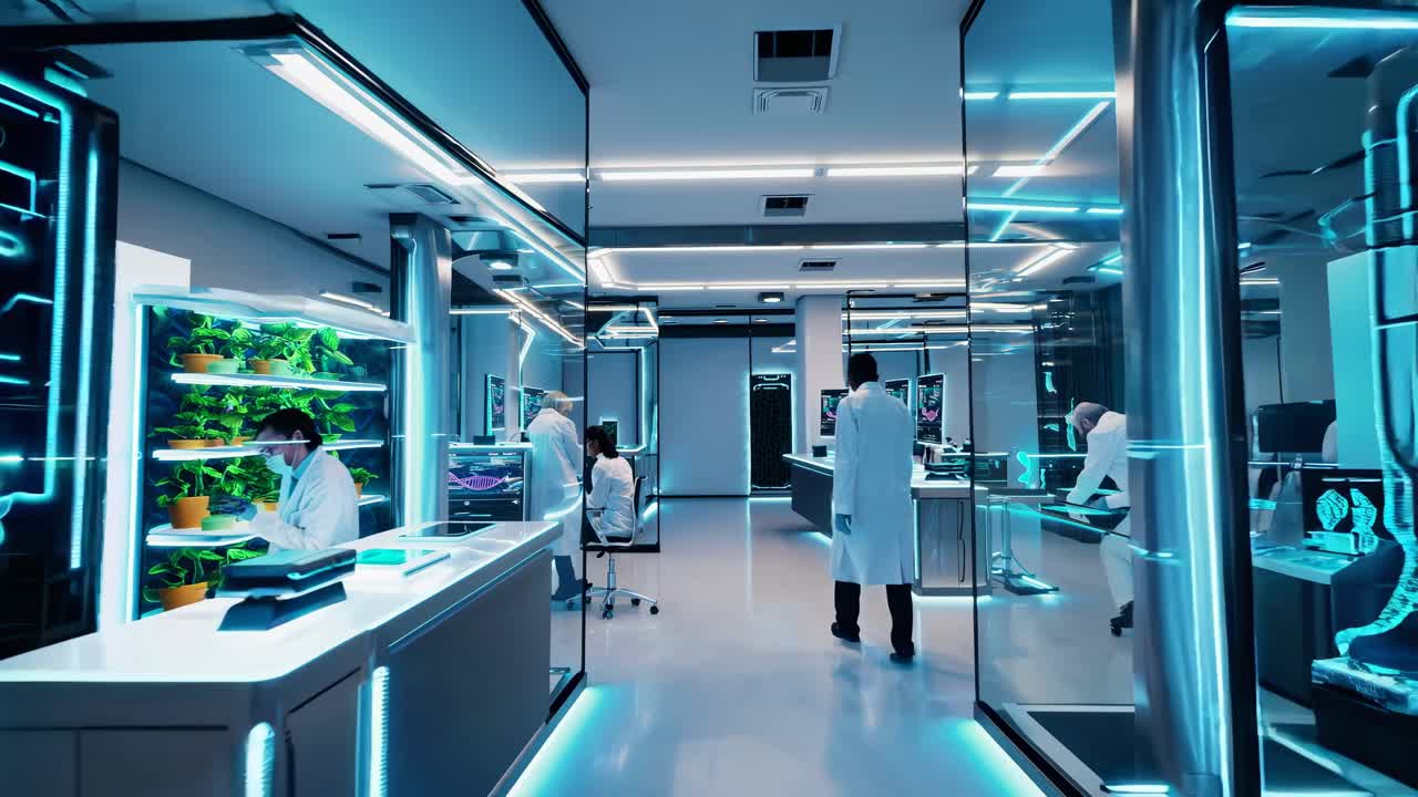 Futuristic lab scene with scientists, shot from a wide angle