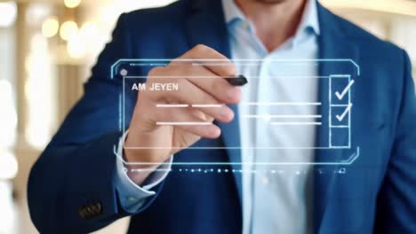 man using a stylus on a futuristic holographic interface for task management
